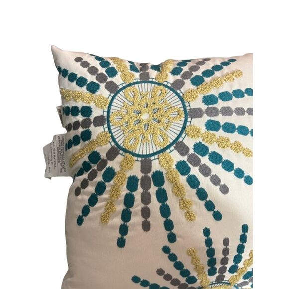 Pier 1 Embroidered Sunburst Pillow Teal Gold White 16 x 16 - Picture 6 of 11